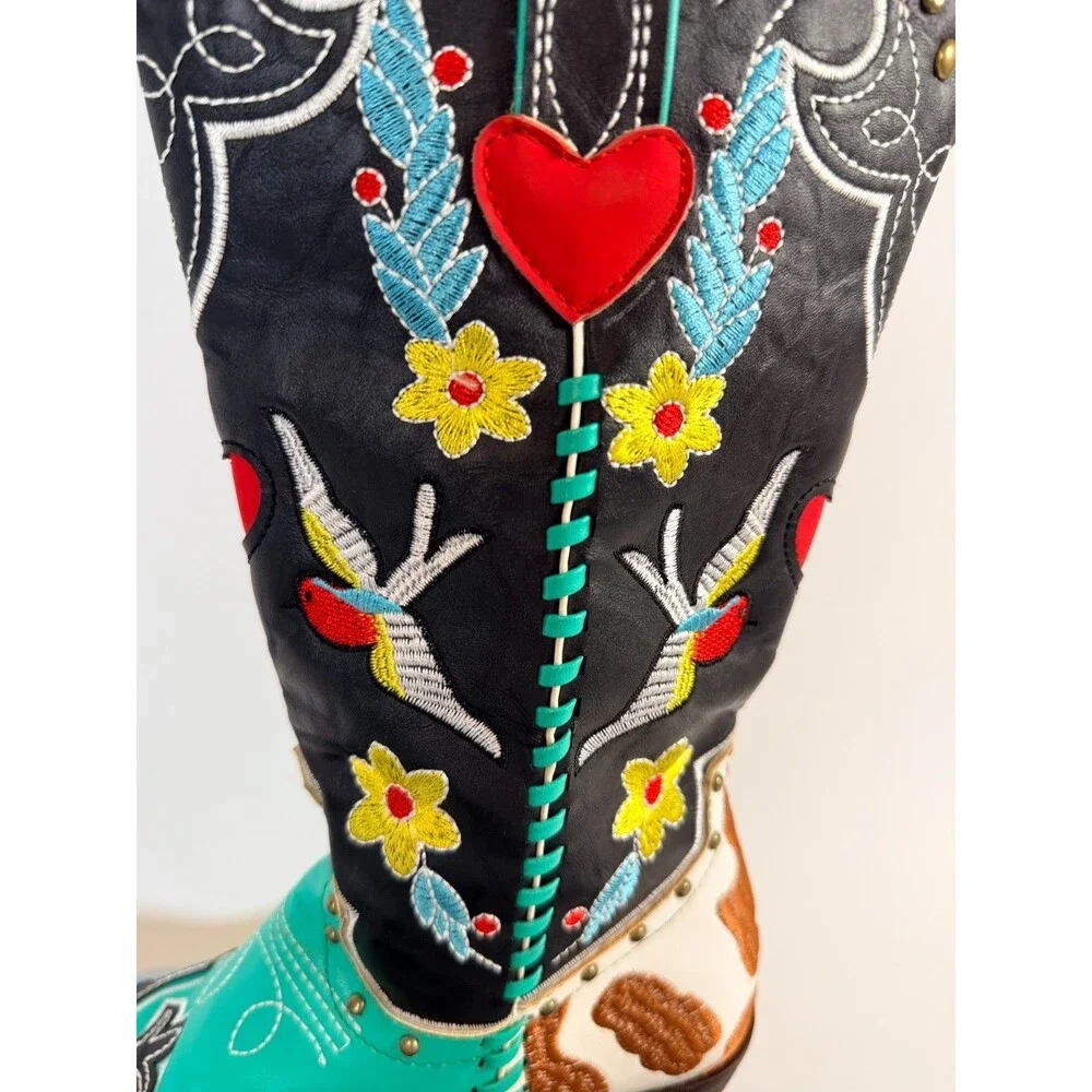 Embroidered Turquoise Cowhide Floral Snip Toe Western Cowgirl Boots Sz37 US 6.5